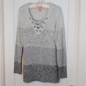 Harlow & Rose Women's Sweater, Grey Gradient Fade, Lace Up Neckline, Sz XL,